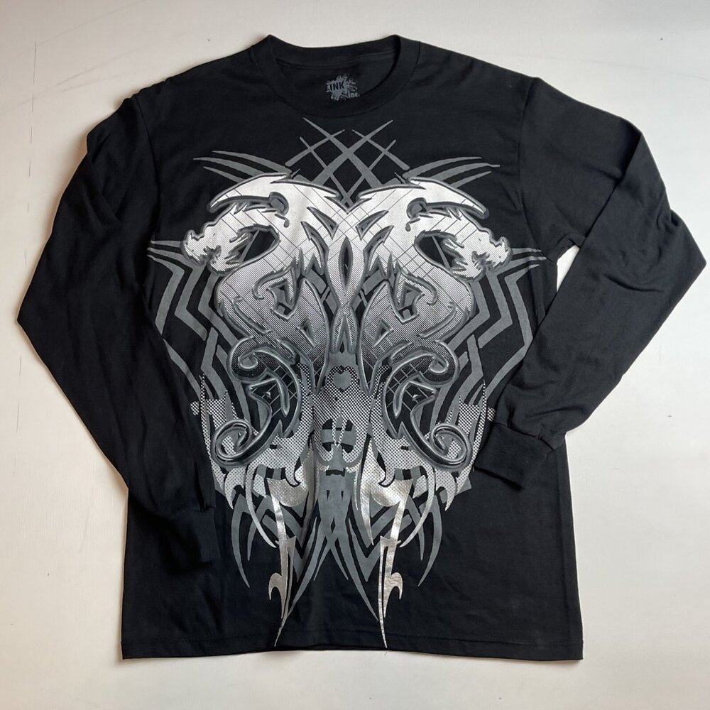 Metallic Dragons Black Grunge Cyber Emo Y2K Goth Shirt Mens M Long Sleeve